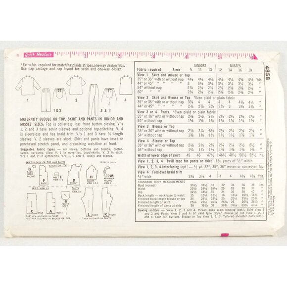 1960s Maternity Simplicity 4858 Top, Skirt, Pants Sz.12 B. 32" Cut But Complete - Picture 2 of 2